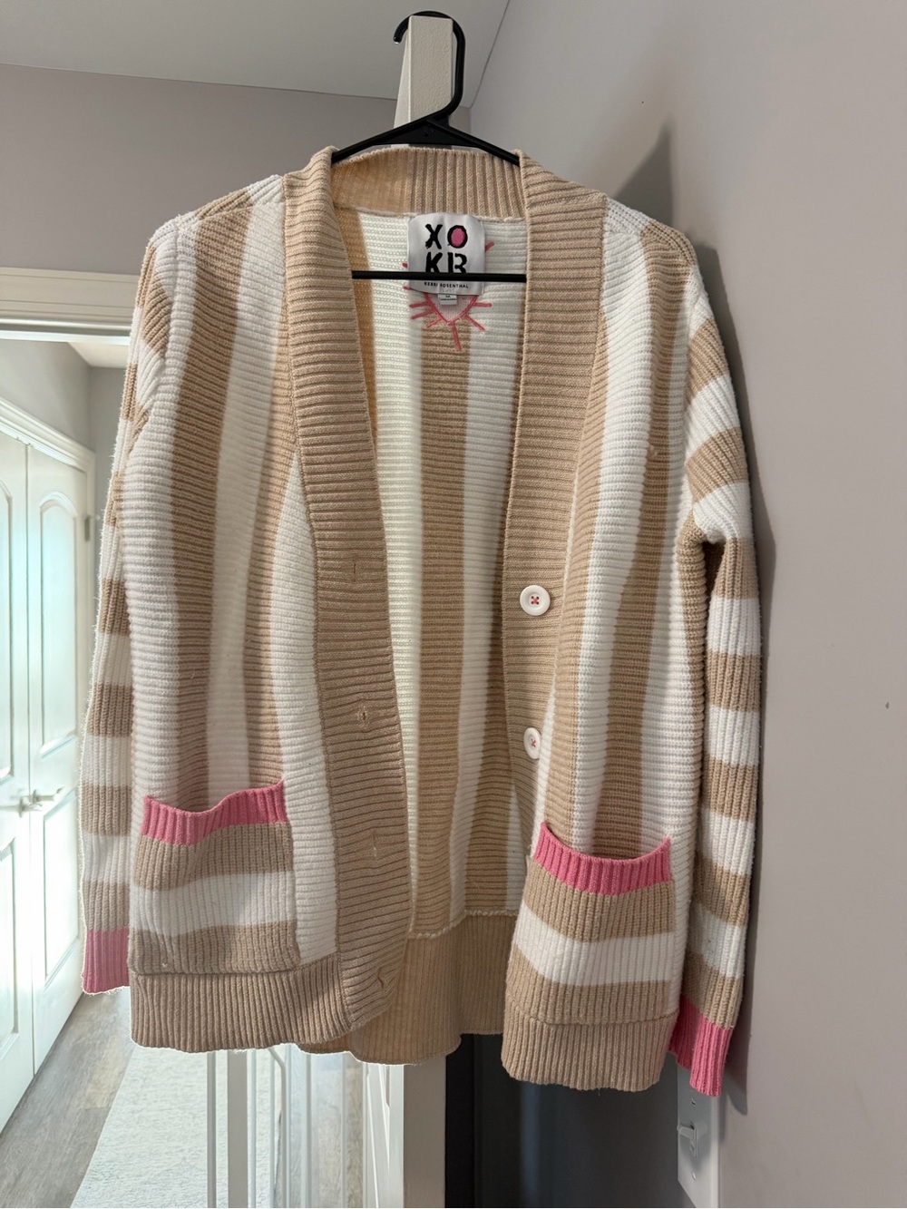Rosenthal Beige, White & Pink Striped V-Neck Cardigan